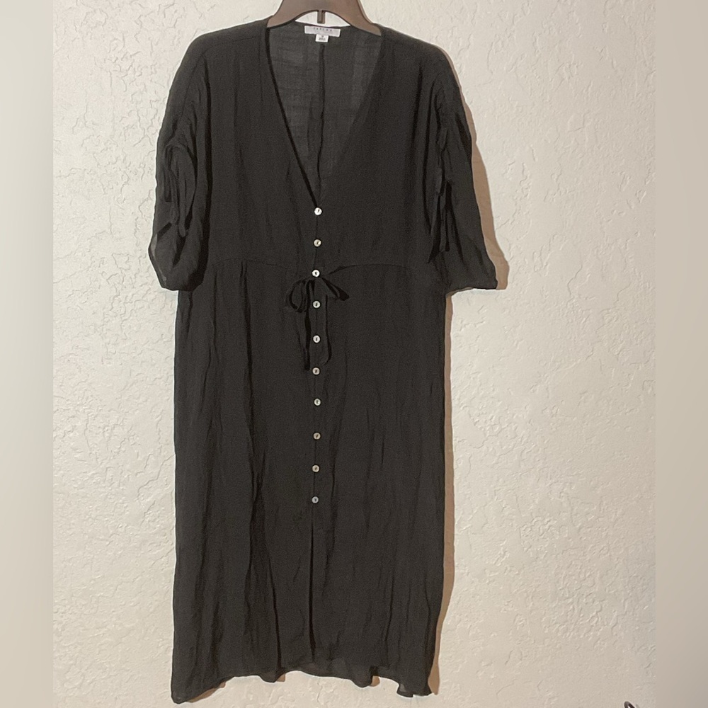 Favlux Black Button Down Tie Waist Dress Swim Cover Up Cinch Sleeve Size Small